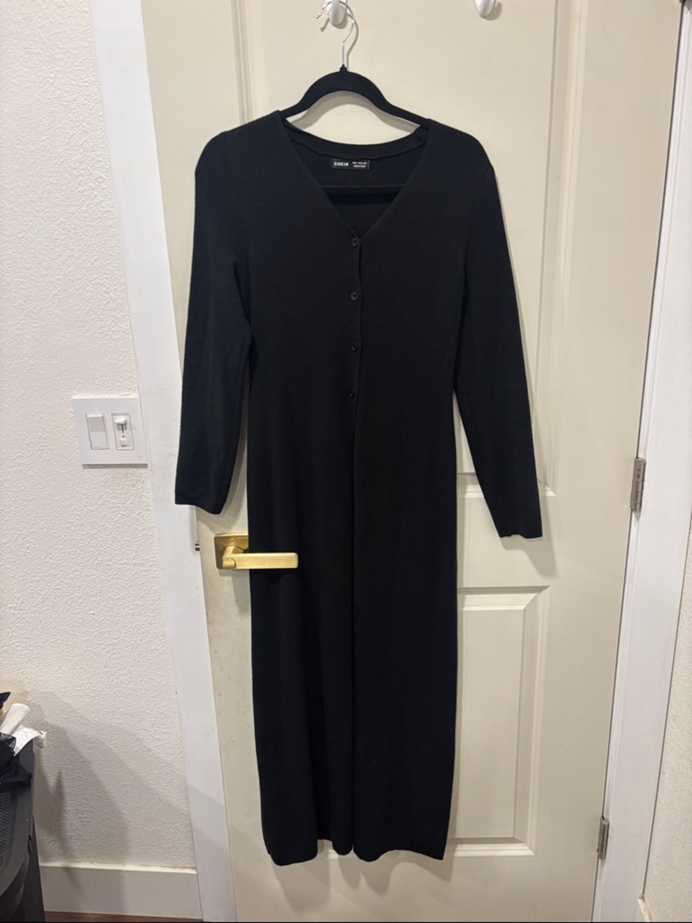 SHEIN Black Long Sleeve Button-Front Maxi Dress